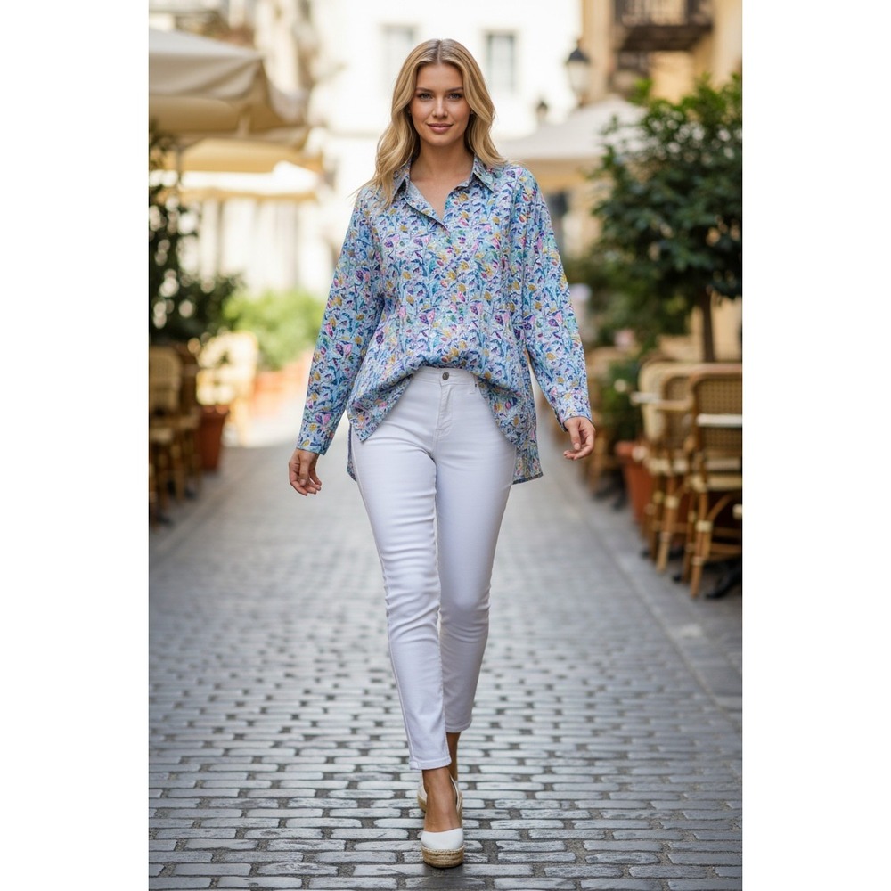 POL NWT Oversized Sky Blue Botanical Leaf Print Button Down Shirt L Boho Coastal